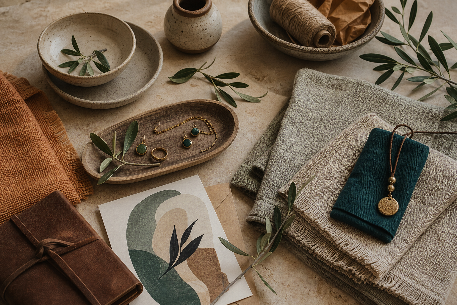 Handgemachte Produkte, Keramik, Schmuck, Textilien und Papierkunst in warmer Studioatmosphaere