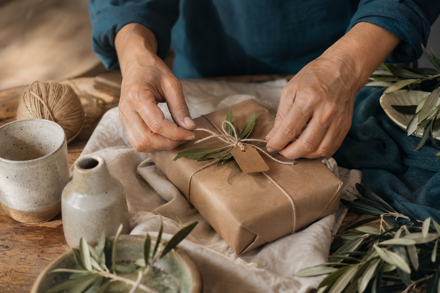 Haende verpacken ein handgemachtes Paket mit Schnur, Stoff und Olivenzweigen